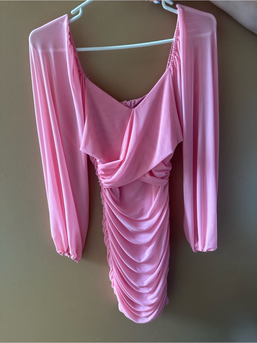 Ruched Pink Long-Sleeve Draped Women’s Dress